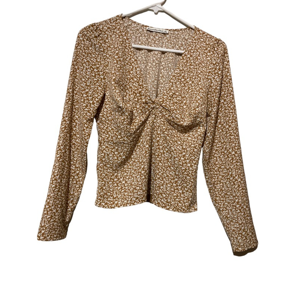 Abercrombie & Fitch Twist Front Top Women's S Brown Floral Long Sleeve V‎ Neck